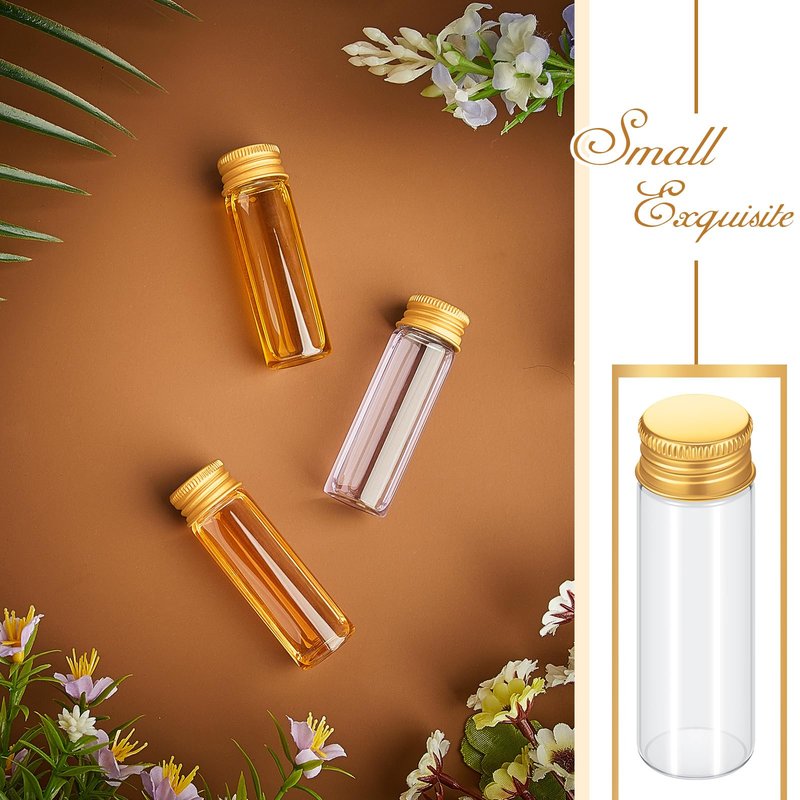 Didaey 100 Pcs Small Clear Vials Spice Mini Jars with Lids Mini Glass Bottles with Screw Aluminum Metal Caps Tiny Jars Sample Containers for Powder Cream Cosmetic Jewelry Wedding (15 ml,Gold Caps)