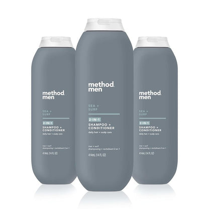 Method Men 2-in-1 Shampoo and Conditioner, Sea + Surf - Cleans and Conditions with Argan and Jojoba Oil - Made without Parabens - 14 oz, Pack of 3
