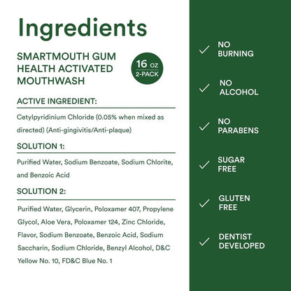 SmartMouth Gum Health Zinc Activated Mouthwash - Bleeding Gums Protection - 24-Hour Fresh Breath - Non-Burning, Alcohol-Free & Sugar-Free - 16 fl oz, 2-Pack