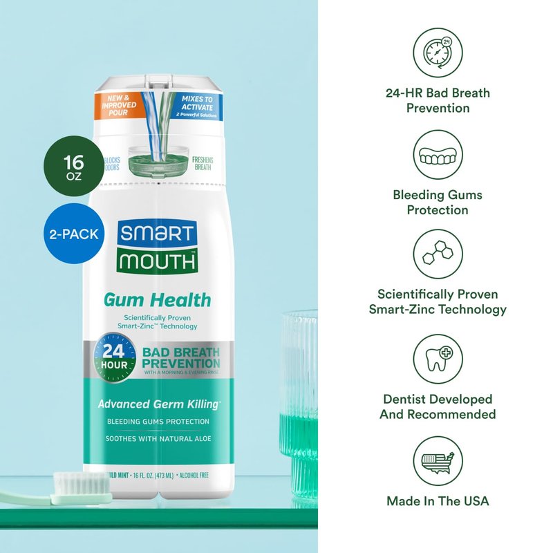SmartMouth Gum Health Zinc Activated Mouthwash - Bleeding Gums Protection - 24-Hour Fresh Breath - Non-Burning, Alcohol-Free & Sugar-Free - 16 fl oz, 2-Pack