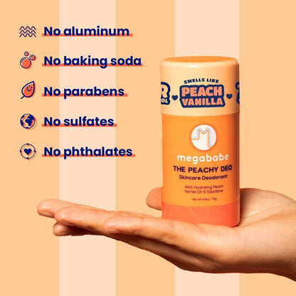 Megababe Skincare Deodorant - The Peachy Deo with 72 hour Odor Protection | Summer and Hot Weather Essential | Hydrating Peach Kernel Oil & Squalane | Aluminum-Free, All Natural | 2.6 oz