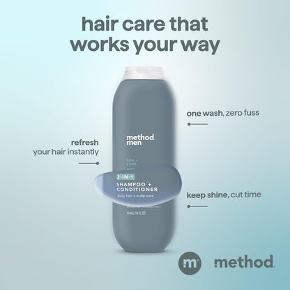 Method Men 2-in-1 Shampoo and Conditioner, Sea + Surf - Cleans and Conditions with Argan and Jojoba Oil - Made without Parabens - 14 oz, Pack of 3