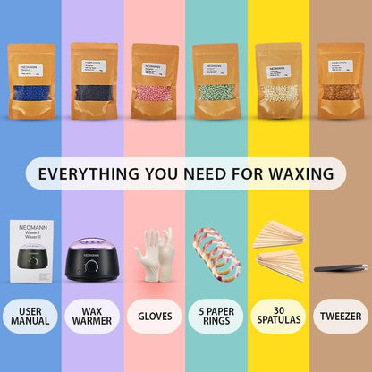 NEOMANN Waxer II Deluxe Waxing Kit for Women and Men Non-Sticky, Teflon-Coated - Wax Warmer for Hair Removal incl. 600g Wax Beads, 30 Spatulas
