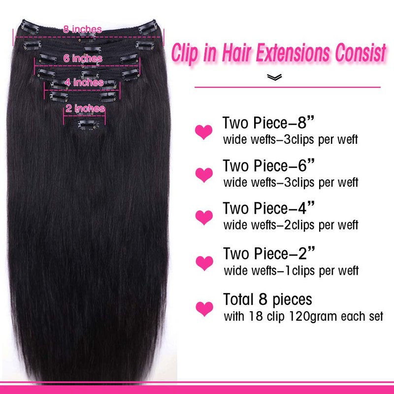 Straight Human Hair Clip in Hair Extensions for Women 100% Unprocessed Full Head Brazilian Virgin Hair Natural Black Color,8/Pcs with 18Clips,120 Gram (16inch, Straight hair)
