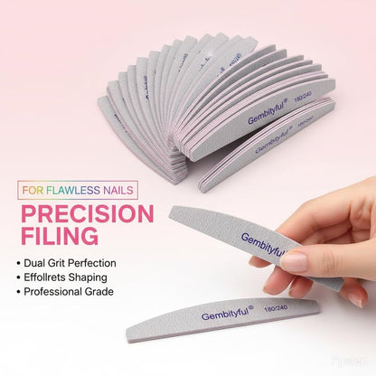 25 Pcs Thick Nail File 180/240 Grit Semicircle Shape, Emery Boards Nail File for Natural Nails and Acrylic Nails, Double Sided Boards Profesional for Home and Salon