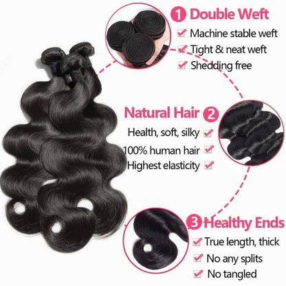 Human Hair Bundles with Closure 10 12 14+8 Inch Body Wave Closure with Bundles 100% Brazilian Virgin 3 Bundles Human Hair Weave with 4x4 Free Part Lace Closures Natural Black
