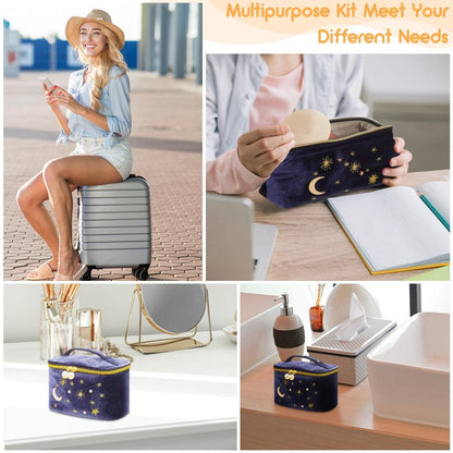 Patelai 2 Pcs Velvet Makeup Bag Moon Stars Cosmetic Bags Goth Embroidered Makeup Pouch Portable Travel Starry Pouch Toiletry Wash Bags Cute Storage Clutch Handbags for Women Gifts(Navy Blue)