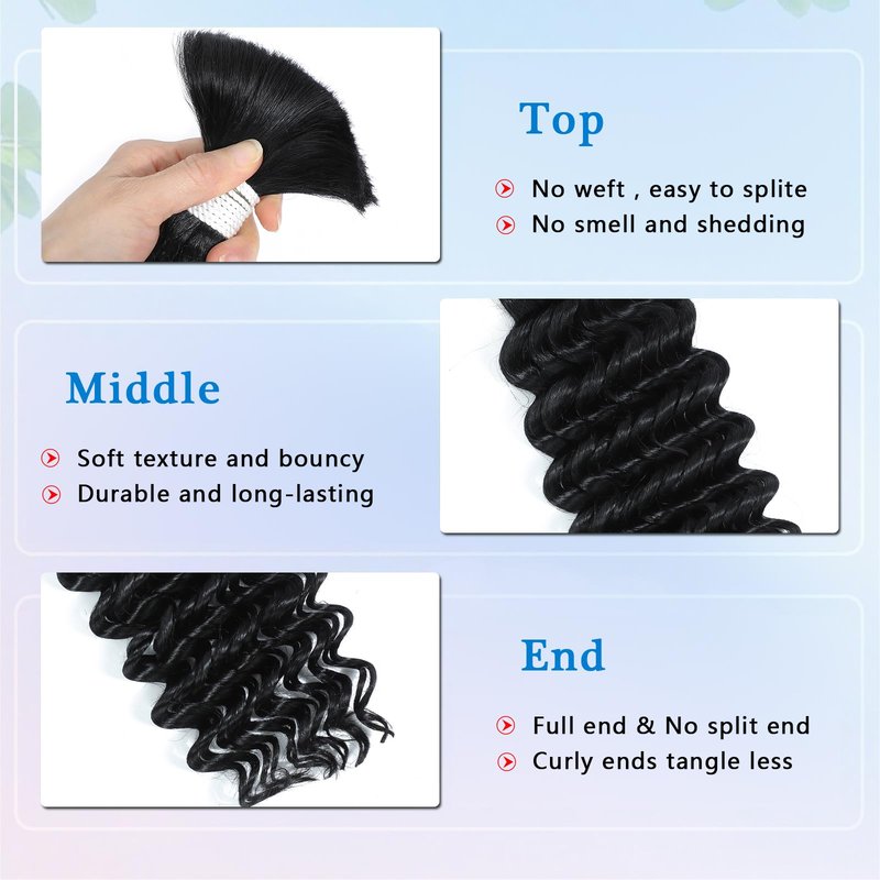 Coolbeeza Human Braiding Hair for Boho Braids 100g 14 Inch Deep Wave Bulk Human Hair 12A Brazilian Virgin Boho Hair for Braiding Wet and Wavy No Weft 2 Bundles/Pack Hair Extensions