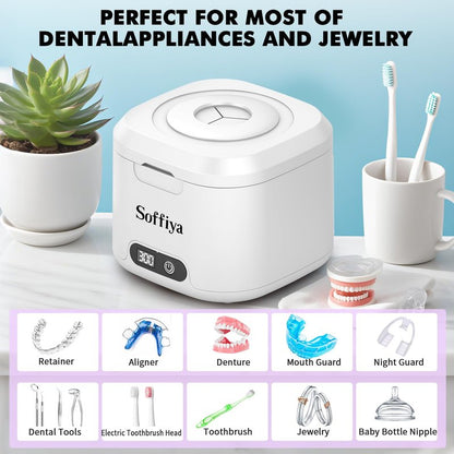 Dental Ultrasonic Retainer Cleaner Machine: Soffiya 49kHz Denture Cleaner with 350ML for Cleaning Dentures, Mouth Guards, Aligner, Braces, Toothbrush Head & Jewelry - UV Cleaner with 4 Digital Timers