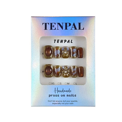 TENPAL Handmade Short Square Press on Nails with Kit,Golden Brown Chrome Hand-Sculpted Toffee Blooms & Gilded Edge Designs Glue on Nails,Glossy Sunset Metallic Cat Eye Fake Nails for Fall Winter(S)