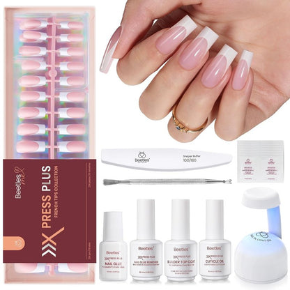Beetles X Press Plus On Nails Kit - Pink Long Square French Tip Press On Nails | 224Pcs Acrylic Nail 16 Sizes All-in-One Kit with Nail Glue, Remover, Builder Top Coat, Nail Lamp