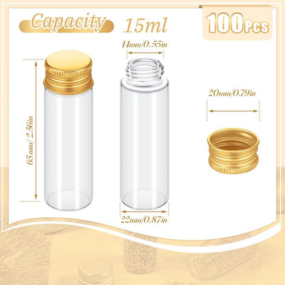 Didaey 100 Pcs Small Clear Vials Spice Mini Jars with Lids Mini Glass Bottles with Screw Aluminum Metal Caps Tiny Jars Sample Containers for Powder Cream Cosmetic Jewelry Wedding (15 ml,Gold Caps)