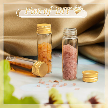 Didaey 100 Pcs Small Clear Vials Spice Mini Jars with Lids Mini Glass Bottles with Screw Aluminum Metal Caps Tiny Jars Sample Containers for Powder Cream Cosmetic Jewelry Wedding (15 ml,Gold Caps)