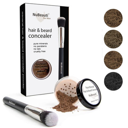 Men’s Beard, Mustache & Hair Root Touch Up Powder – Bald Spot Cover Powder – No Fragrance, Talc or Parabens – Hair Cover Hairline Powder by NuBeauti (Medium Brown, With Brush)