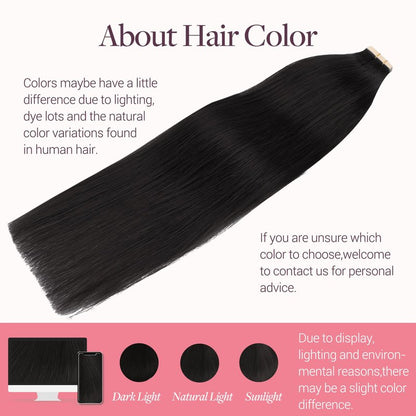 GOO GOO Tape in Hair Extensions Human Hair, 1B Natural black, 20inch 50g 20pcs, Skin Weft Seamless Invisible, Silky Straight with Thick Ends, Remy Human Hair