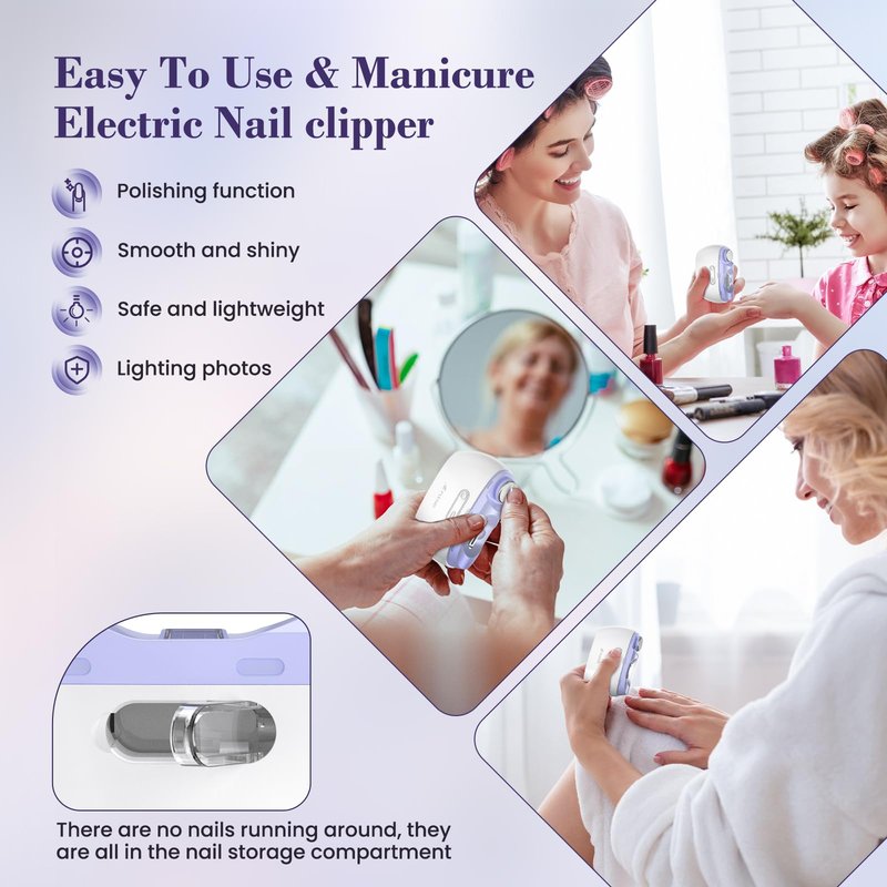 Electric 2-in-1 Nail Clipper & Polisher, 2-Speed Safe Fingernail Trimmer for All Ages, Rechargeable Automatic Nail Clipper with Light, Manicure Set for Baby Kids Seniors & Weak Hands