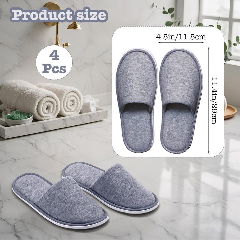 4 Pairs Disposable Slippers for Guests, Washable Cotton Spa Slippers with Non-Slip Sole - Breathable Open Toe House Slippers for Hotel, Travel, Wedding, Party - Indoor Guest Shoes for Women & Men (Grey)