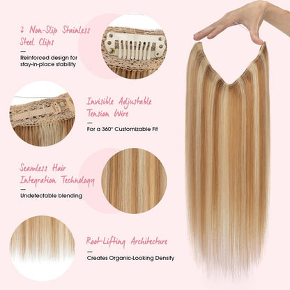 Halo Hair Extensions,Prokyvity Halo Hair Extensions Real Human Hair,Invisible Adjustable Wire Extensions for Seamless Blending 16 inch/65g Golden Brown Streaked with Bleach Blonde