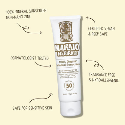 Makaio Naturals 100% Organic Mineral Sunscreen SPF 50 for Kids & Family – Face & Body, Unscented, High-Performance, Sensitive Skin, Reef Safe, Vegan, Hypoallergenic, Dermatologist Tested, 3.88 fl oz