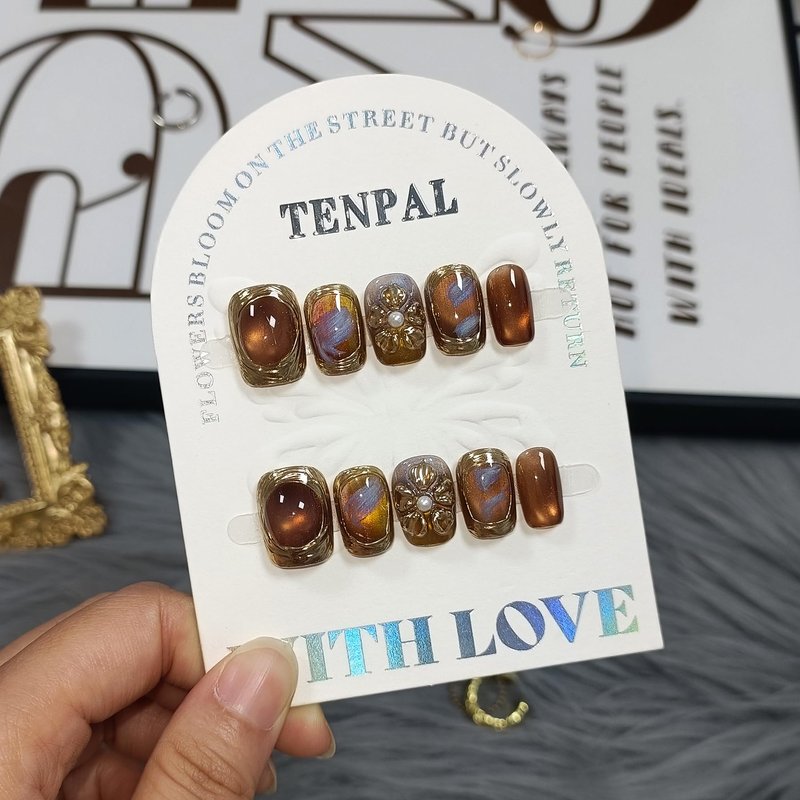 TENPAL Handmade Short Square Press on Nails with Kit,Golden Brown Chrome Hand-Sculpted Toffee Blooms & Gilded Edge Designs Glue on Nails,Glossy Sunset Metallic Cat Eye Fake Nails for Fall Winter(S)