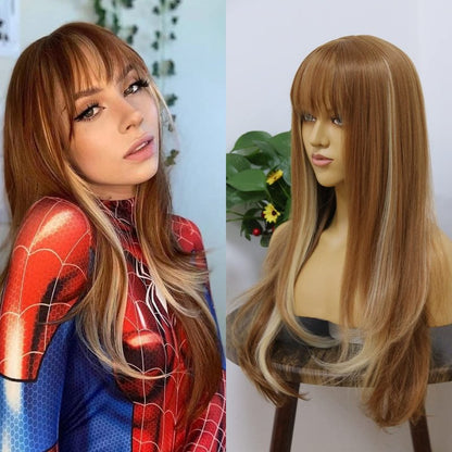 MSMYRNS Ginger Brown Synthetic Wig With Bangs Blonde 613 Highlights Mixed Natural Wave Heat Resistant Fibers Lolita Cosplay Wigs For Girls Woman Daily Use Hair Replacement Unit Glueless No Lace Wig