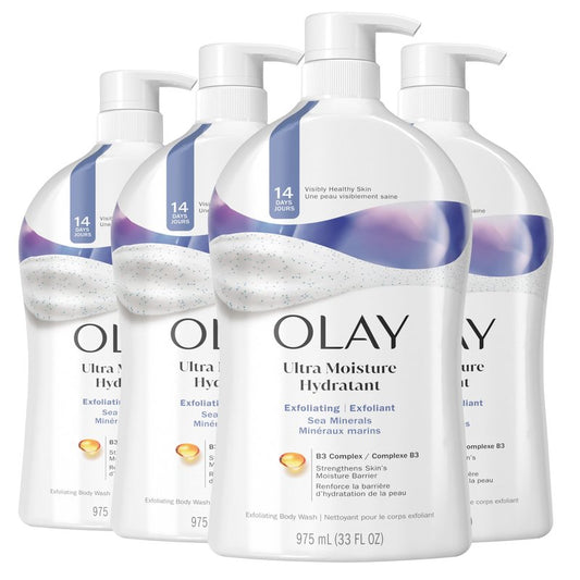 Olay Body Wash for Women, Ultra Moisture, Exfoliating Formula, 24hr Moisturizing, Hydrating & Replenshing, B3 Vitamin Complex, For All Skin Types, Sea Minerals Scent, 33 fl oz (Pack of 4)