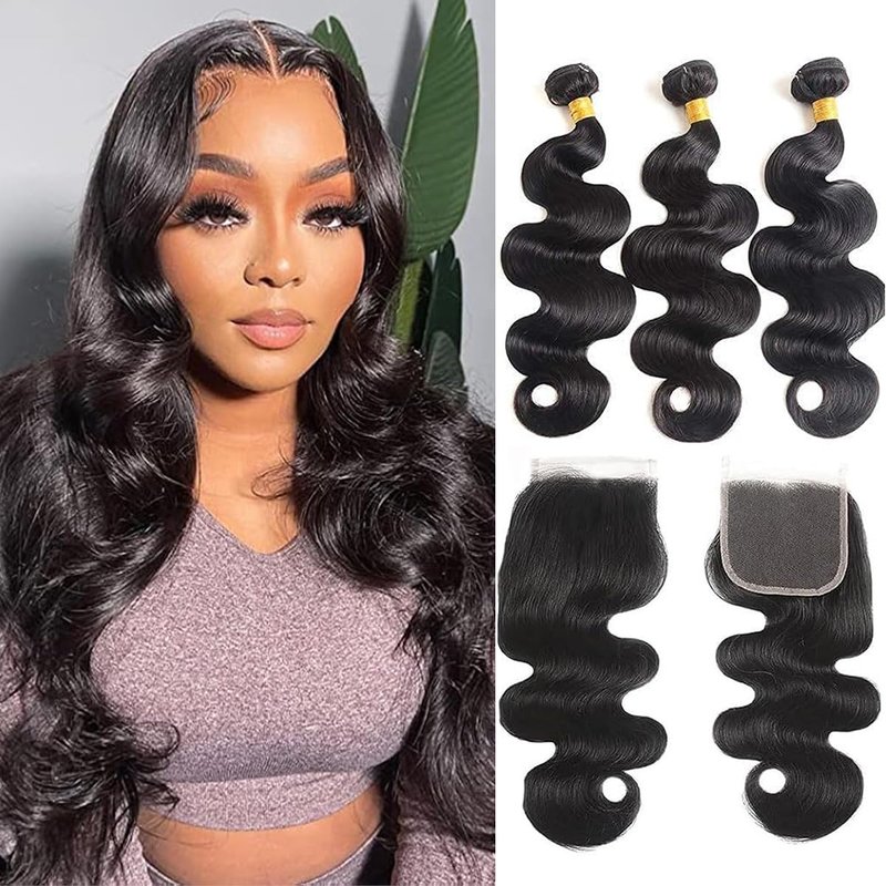 Human Hair Bundles with Closure 10 12 14+8 Inch Body Wave Closure with Bundles 100% Brazilian Virgin 3 Bundles Human Hair Weave with 4x4 Free Part Lace Closures Natural Black