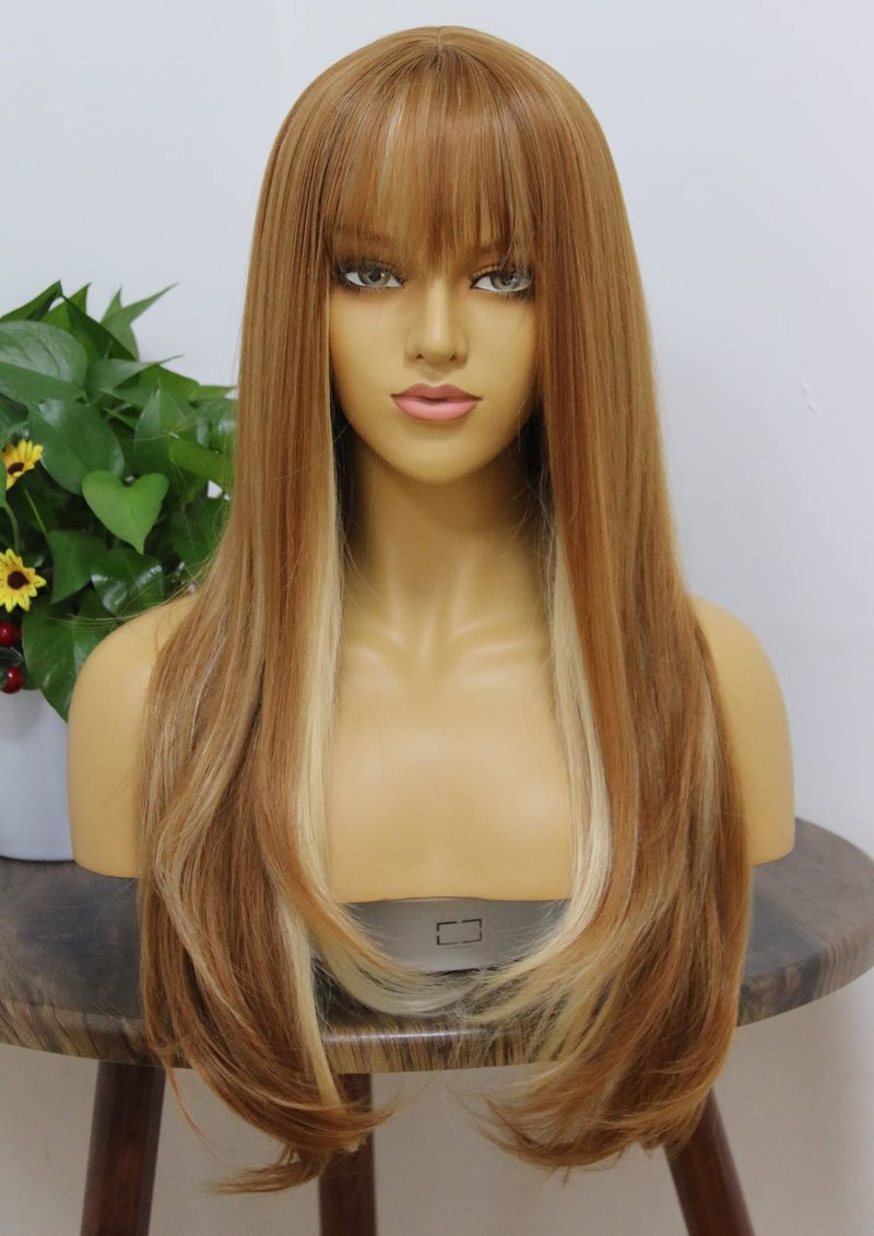 MSMYRNS Ginger Brown Synthetic Wig With Bangs Blonde 613 Highlights Mixed Natural Wave Heat Resistant Fibers Lolita Cosplay Wigs For Girls Woman Daily Use Hair Replacement Unit Glueless No Lace Wig