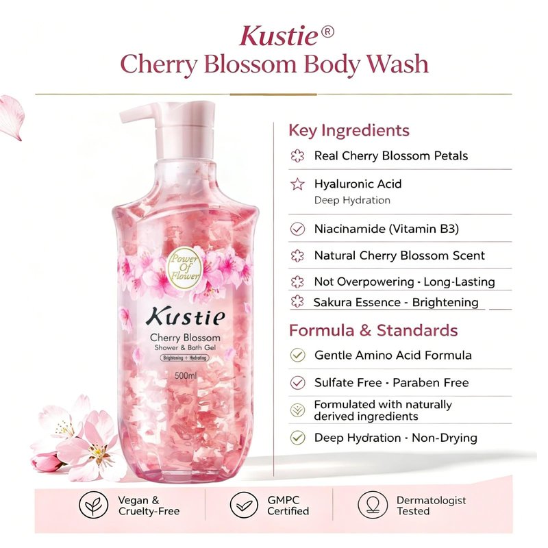 Kustie Cherry Blossom Body Wash for Women | Brightening Hydrating Shower Gel with Real Flower Petals, Niacinamide & Hyaluronic Acid | Light Natural Scent for Daily Use | Sulfate Free, 16.9 fl oz