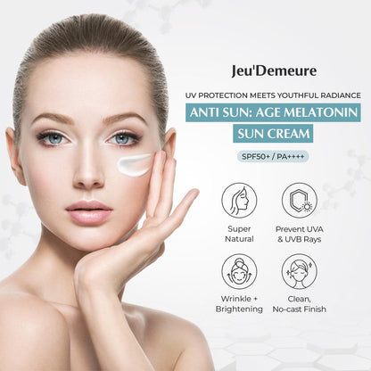 JEU'DEMEURE Anti-Aging SPF 50 Face Moisturizing Sunscreen Lotion with Broad Spectrum, Melatonin, Lightweight, Non-Sticky, Sun Essence for Sensitive Skin, 1.69 fl oz