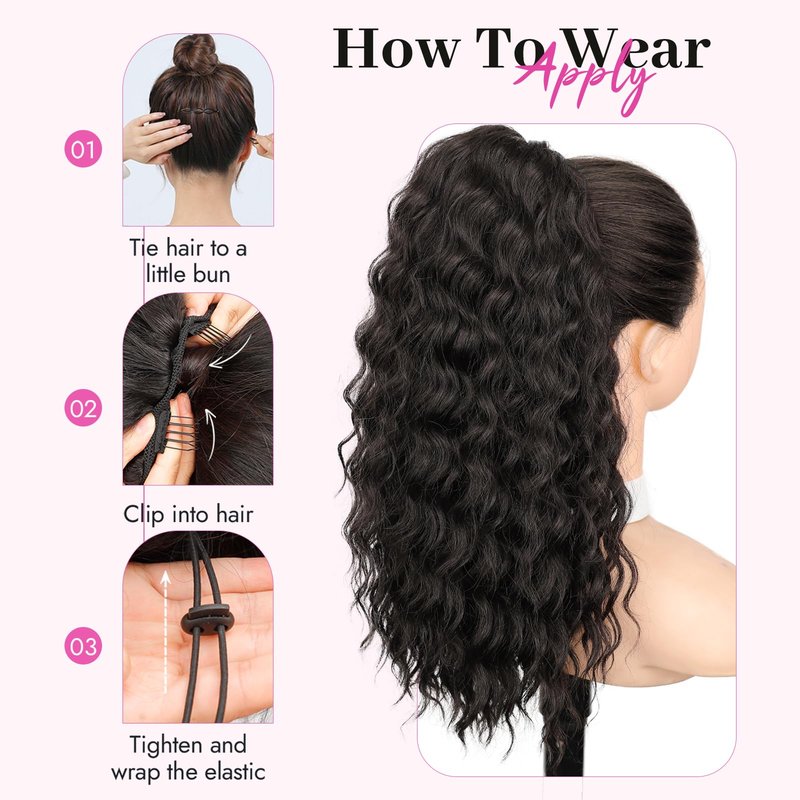Isaic Culy Ponytail Extension 16 Inch Natural Black Drawstring Ponytail Extension for Women Fluffy Natural Looking Synthetic Hairpiece Long wavy Pony Tails Hair extensions for Daily Use