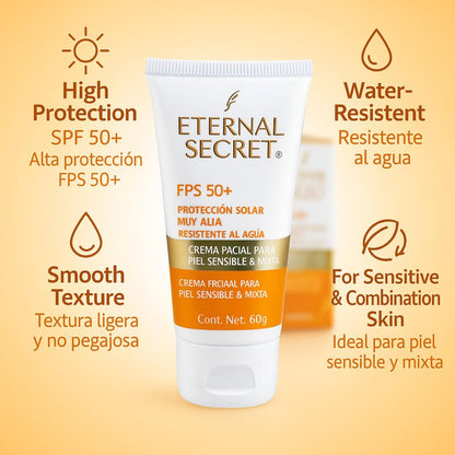 Eternal Secret High Protection Sunscreen for Face - SPF 50+ Water-resistant, Non-Sticky Texture, 2.12 oz - Bloqueador Facial/Corporal Eternal Secret FPS 50+ 2.12 oz