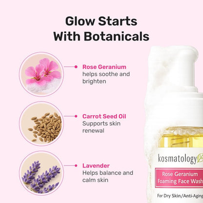 kosmatology Rose Geranium Foaming Face Wash – Hydrating Facial Cleanser for Dry & Mature Skin – Gentle Anti Aging Skincare, 6 oz.
