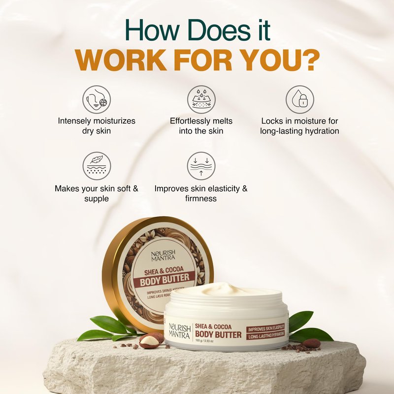 NOURISH MANTRA Shea & Cocoa Body Butter | Creamy Moisturizer for Long-Lasting Moisture & Soft Skin | Infused with Shea Butter & Cocoa Butter | Suits All Skin Types | For Women & Men | 100 g