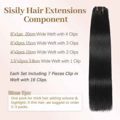 Sisily Clip in Hair Extensions Real Human Hair, Premium Human Hair Clip in Extensions Natural Black, Soft Straight Hair Extensions Real Human Hair Clip ins 7PCS Double Weft（16 Inch #1B）