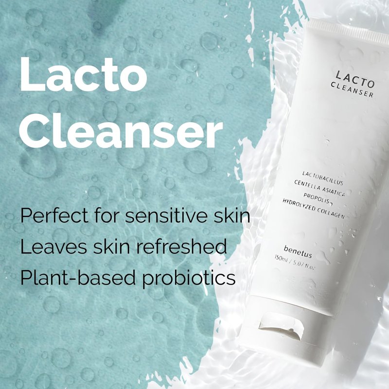 Benetus Lacto Cleanser with Plant-Based Probiotics – Vegan Korean Foam Face Wash, Mild pH Balanced for Sensitive Skin, Soothing Centella, Propolis & Collagen, K-Beauty Skin Barrier Care, 5.07 fl.oz