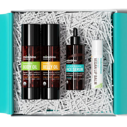 Mambino Organics Bun in the Oven Kit - Pregnancy Skin Care Set with Body Oil, Belly Oil, Lip Balm & Face Serum - Maternity Essentials, Pregnancy Must-Haves - 5 Piece Set + Free Bag