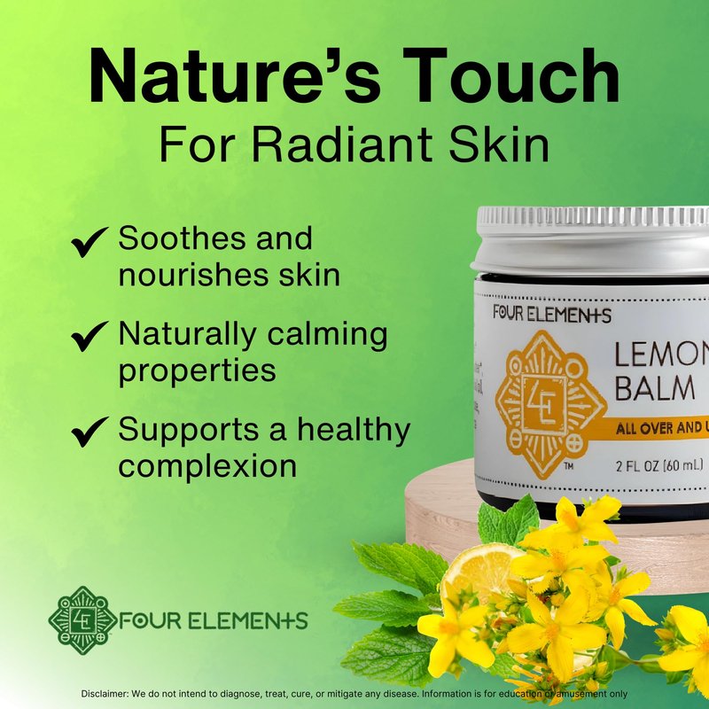 Four Elements Lemon Balm Face Moisturizer Cream - 2 Oz | Herbal Face Cream with Organic Lemon Balm, Chamomile, Shea Butter & Vitamin E | Body Hydrating Moisturizer Beauty Essential