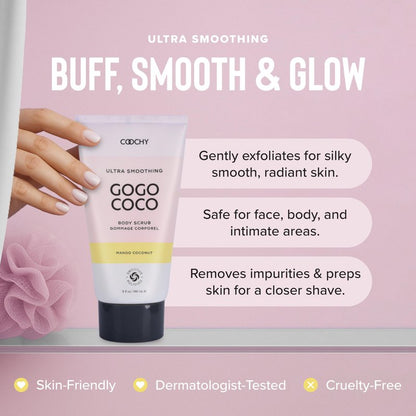 COOCHY Ultra Smoothing Body Scrub | Gentle Exfoliating Body Scrub for Sensitive Skin | Removes Dead Skin Cells, Prevents Ingrowns | Paraben-free, Cruelty-free | Mango Coconut 5 oz/148 mL