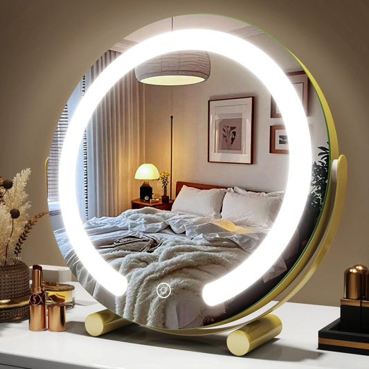 ROLOVE Aesthetic Gold Vanity Mirror with Soft Lights, 12 Inch Standard 1X View, 3-Color Dimmable Tabletop Mirror for Bedroom Decor, 360° Rotation Ambient Light up Mirror