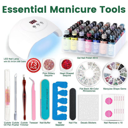 Lavender Violets 73 Pcs Gel Nail Polish Kit with U V Light, 45 Colors with Nail Primer,Builder Base,Matte & Glossy Top Coat Soak Off Manicure Tools Gifts for Women LA07