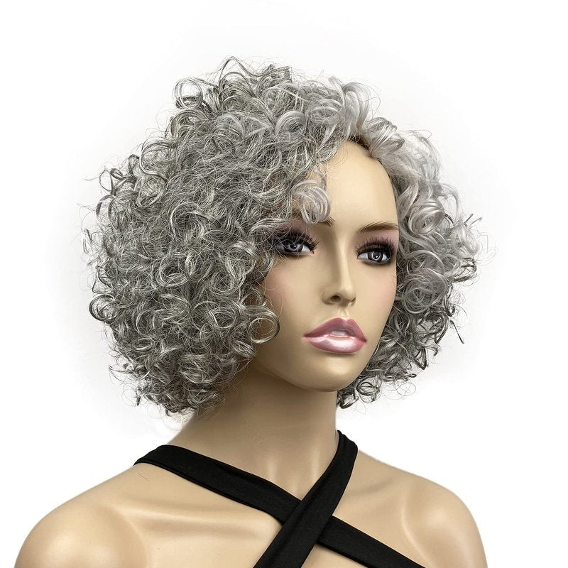 Onemliy Grey Wigs for Women Short Curly Asymmetrical Synthetic Fiber Ombre Silver Gray Wig for Halloween Cosplay Costume Party