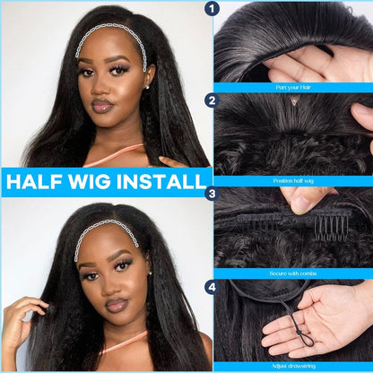 Prosa Kinky Curly Half Wig, 3-in-1 Synthetic Hair with Drawstring Headband, Clip-in Glueless Seamless Flip Over Design, Color 1B, for Women (22inch KST)