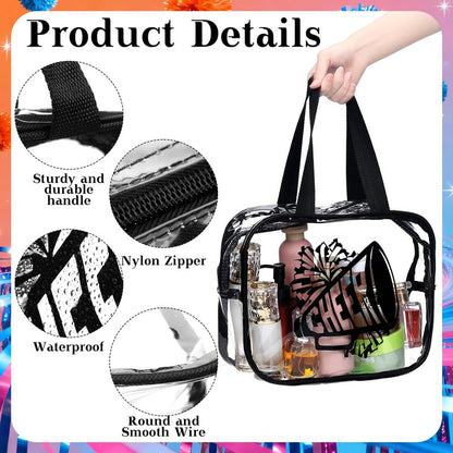 Kacctyen 12 Pcs Cheer Large Clear Toiletry Cosmetic Makeup Bag with Zipper and Handle Cheer Snack Bag Bulk for Team 12 x 9 x 4 Gift Bags Tote Pouch Cheerleading Teammates Party Supplies (Black)