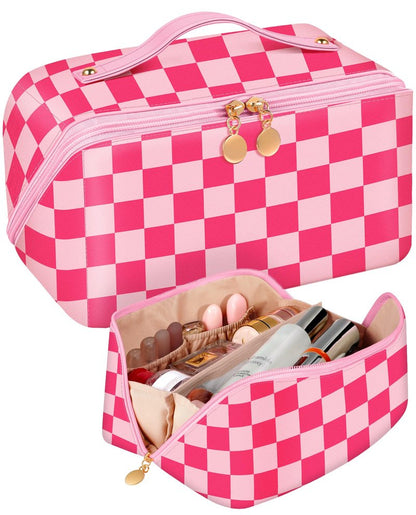 Bistup Makeup Bag Travel Cosmetic Bag Toiletry Make Up Bags Cute Women Large Capacity Big Medium Leather Checkered Plaid Hotpink Aesthetic Girl Teen Teenage Foldable Expandable Open Flat Zip