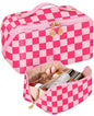 Bistup Makeup Bag Travel Cosmetic Bag Toiletry Make Up Bags Cute Women Large Capacity Big Medium Leather Checkered Plaid Hotpink Aesthetic Girl Teen Teenage Foldable Expandable Open Flat Zip