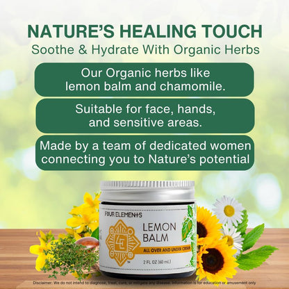 Four Elements Lemon Balm Face Moisturizer Cream - 2 Oz | Herbal Face Cream with Organic Lemon Balm, Chamomile, Shea Butter & Vitamin E | Body Hydrating Moisturizer Beauty Essential