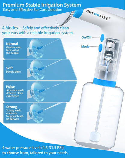 BOCOOLIFE Electric Ear Wax Removal Kit – Water Flushing Irrigation System Ears Flush Cleaner Powered with 4 Pressure Settings, Safe & Effective Ear Cleaning Kit, Includes 30 Tips, Basin