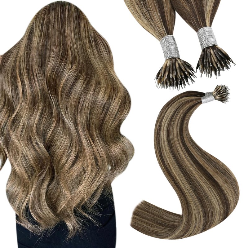 YoungSee 20in Nano Bead Hair Extensions Dark Brown Highlight Caramel Blonde Nano Hair Extensions Brown Human Hair Nanolink Hair Extension Cold Fusion Nanoring Natural Hair 50 Strands 50g for Wedding