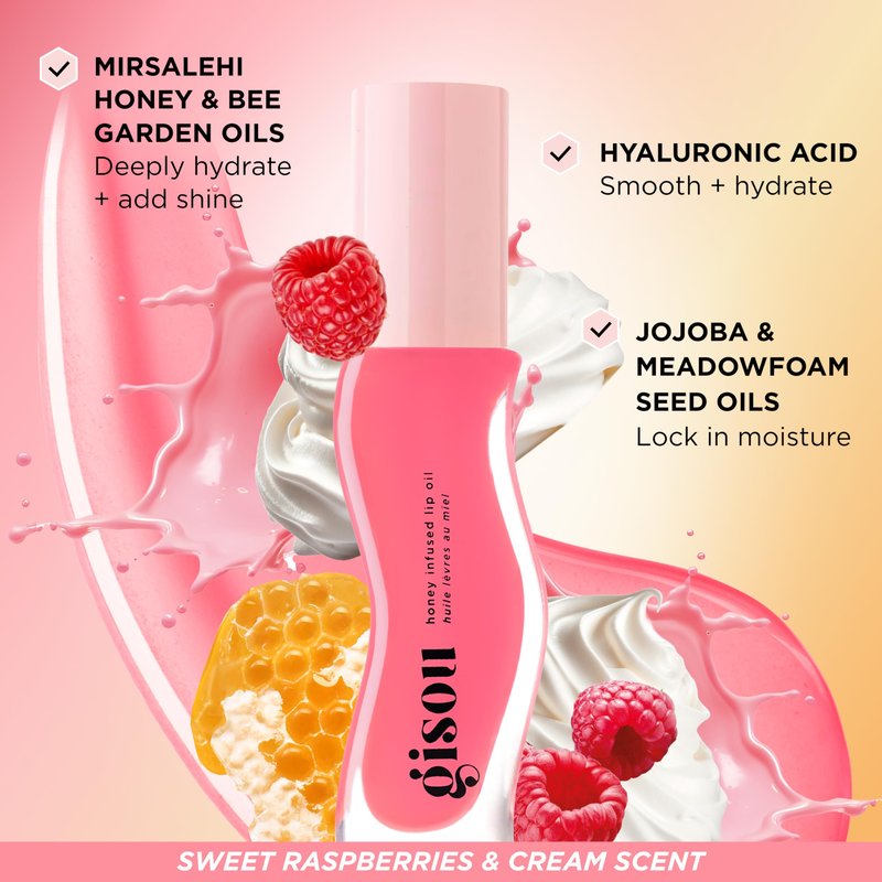 Gisou Honey Infused Lip Oil – Hydrating & Glossy Lip Oil with Mirsalehi Honey & Jojoba Seed Oil, Non-Sticky Shine, Raspberry Swirl, 0.27 fl oz